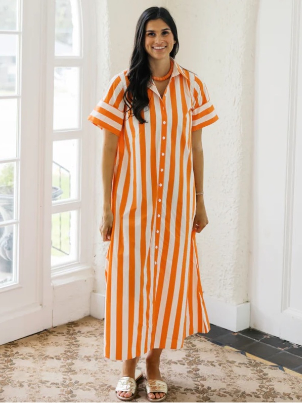 LIVRO Gibbons Dress Small Sunny Stripes NWT Orange Maxi Shirt Dress Pockets - Picture 3 of 13
